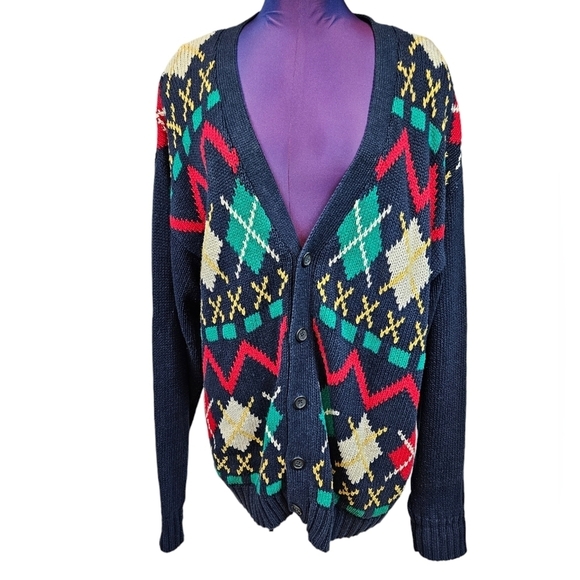Vintage 417 Van Heusen Argyle Button Front Grandpa Sweater Cardigan Size‎ XL B91 - Picture 9 of 10